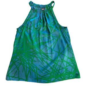 Anni Kuan Blue & Green Tropical Print High Neck Silk Tank/ Blouse Y2K Medium
